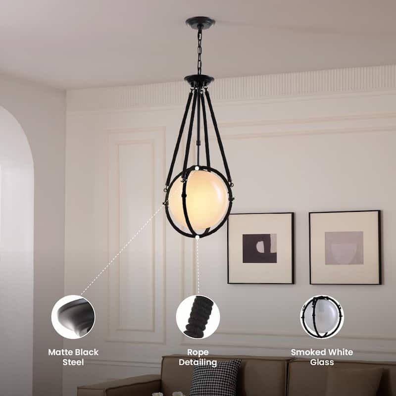 VidaLite Voyager 1-Light Matte Black Pendant, Hanging Pendant Light With Rope Detailing and Smoked Glass Shade - 29" x 12"