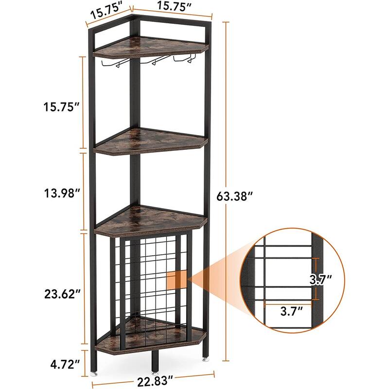 Industrial 4 Tier Corner Wine Rack with Glass Holder Corner Bar