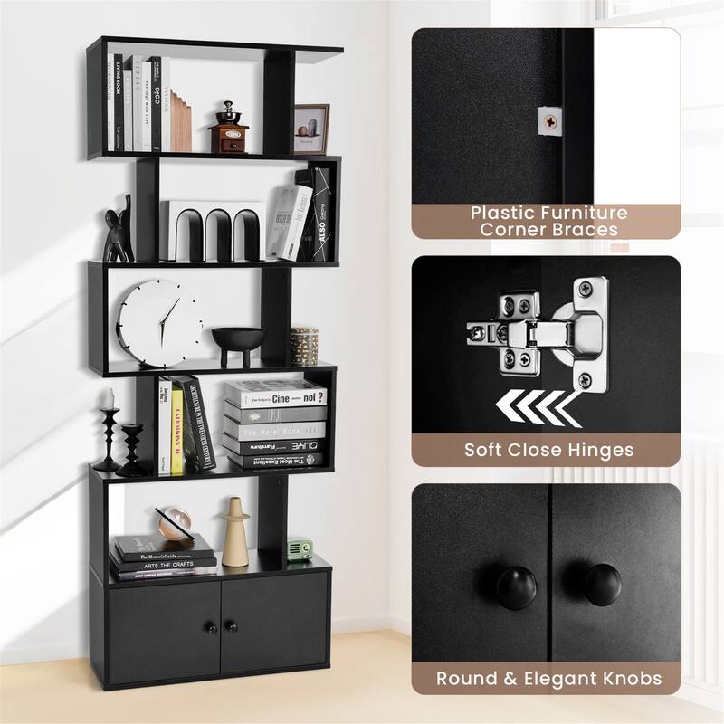 Gymax 2PCS 6-Tier Shaped Bookshelf w/ Cabinet 6-Tier Tall Bookcase w/