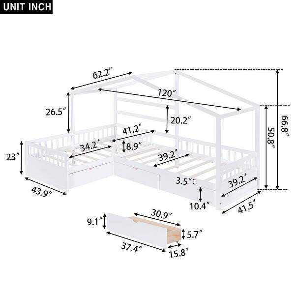 dimension image slide 1 of 2, Twin Size House Platform Bed with 3 Storage Drawers, Wooden Daybed for 2, L -Shaped Double Bedframe with Roof & Fence