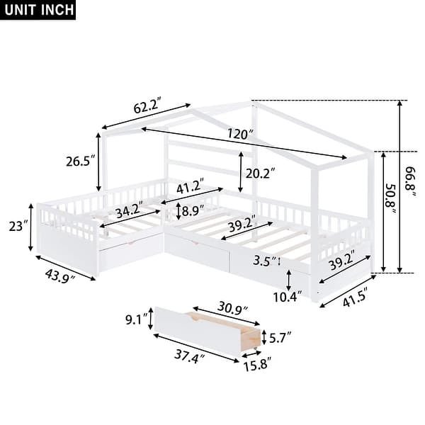 dimension image slide 1 of 2, Twin Size House Platform Kids Bed Frame with Three Storage Drawers, White