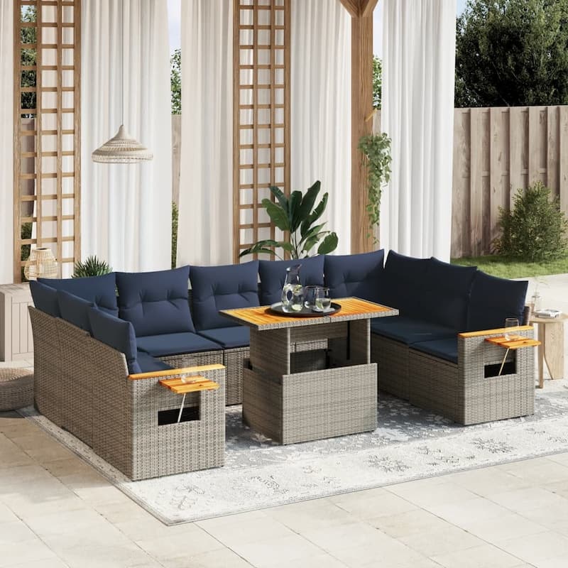 vidaXL Patio Sofa Set with Cushions Outdoor Furniture 10 Piece Poly Rattan - 21.7 x 24.4 x 27.2 - Grey