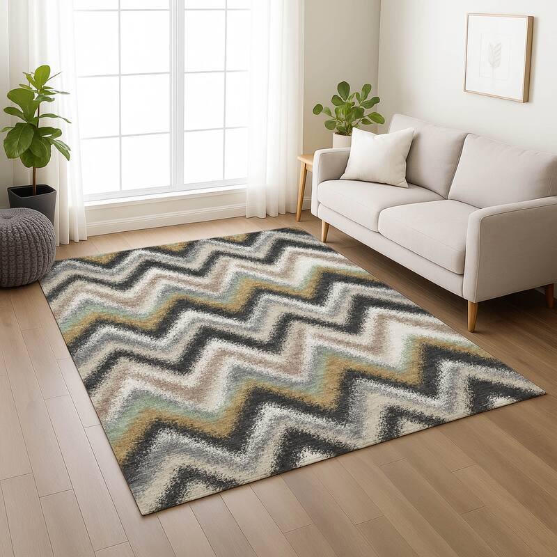 Machine Washable Indoor/ Outdoor Modern Chevron Chantille Rug
