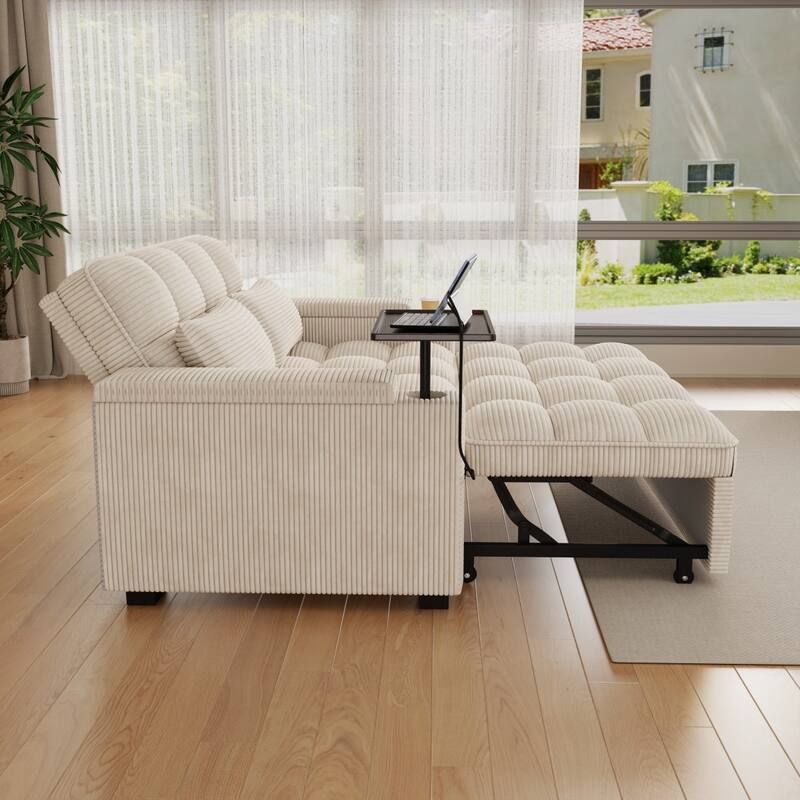 65'' Chenille 3-in-1 Folding Sectional Sofa with 360-Degree Swivel Side Table