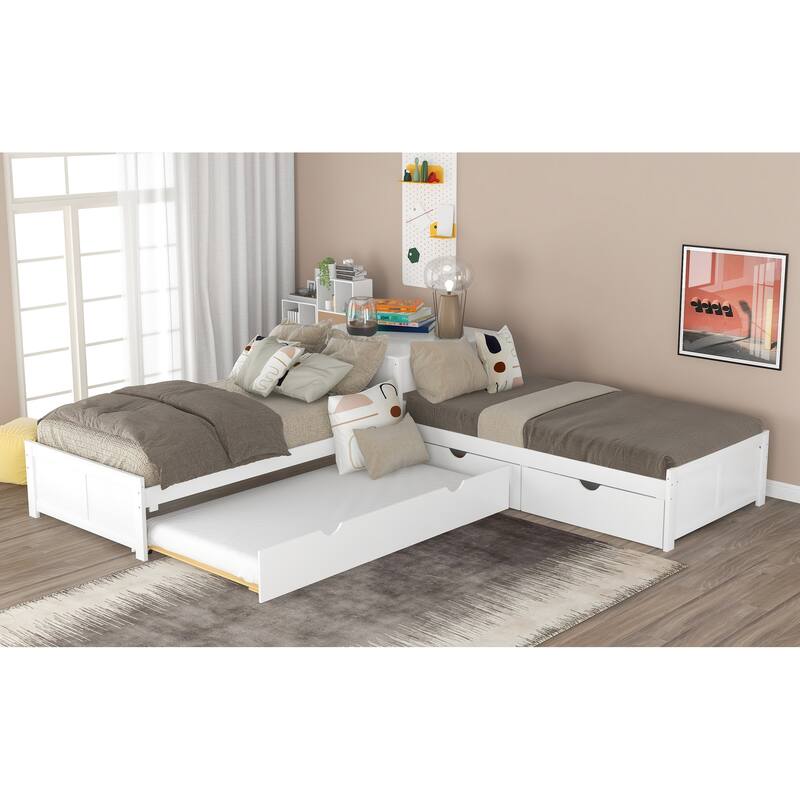 L-Shaped Twin Platform Bed with Trundle and Built-in Desk, Wood Frame with Storage Drawers for Living Room, Guest Rooms
