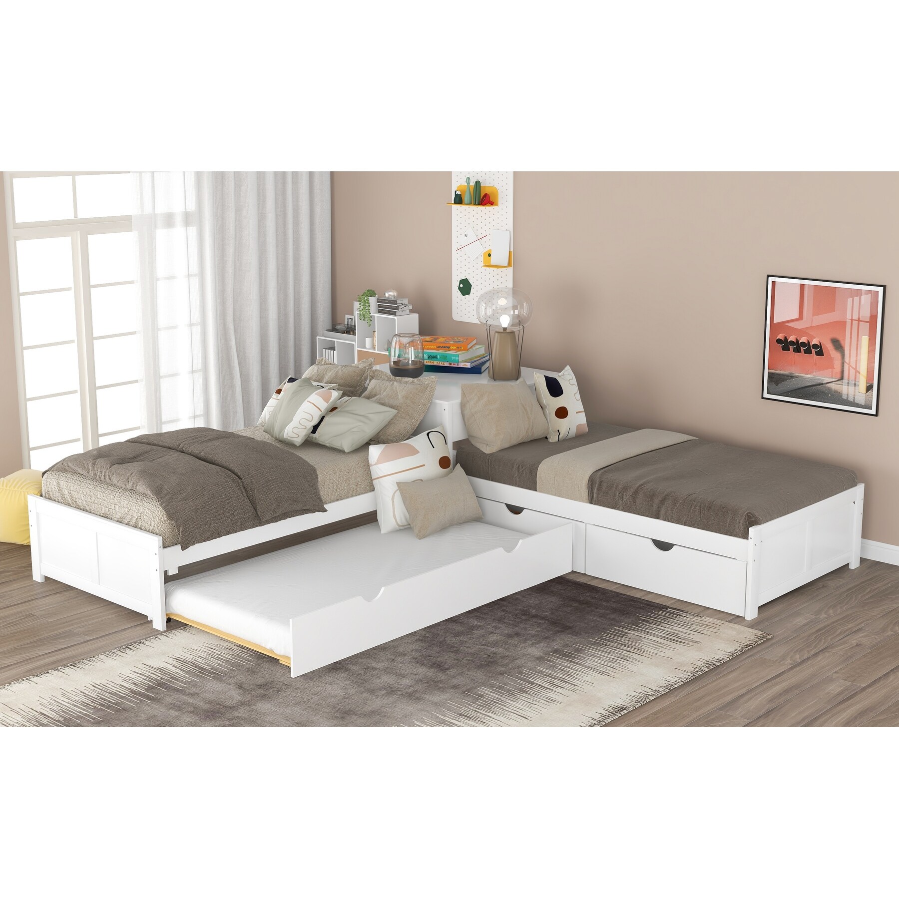 L shaped twin beds with storage discount