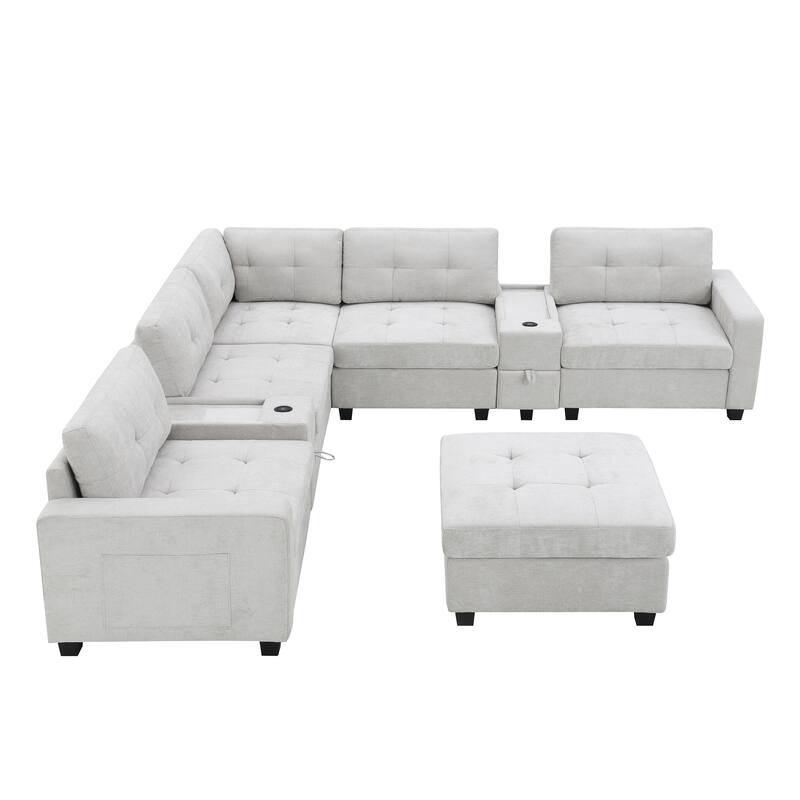 104" Chenille U-Shaped Sectional Sofa with 2 Acrylic Tables, USB Charging and Storage Ottoman