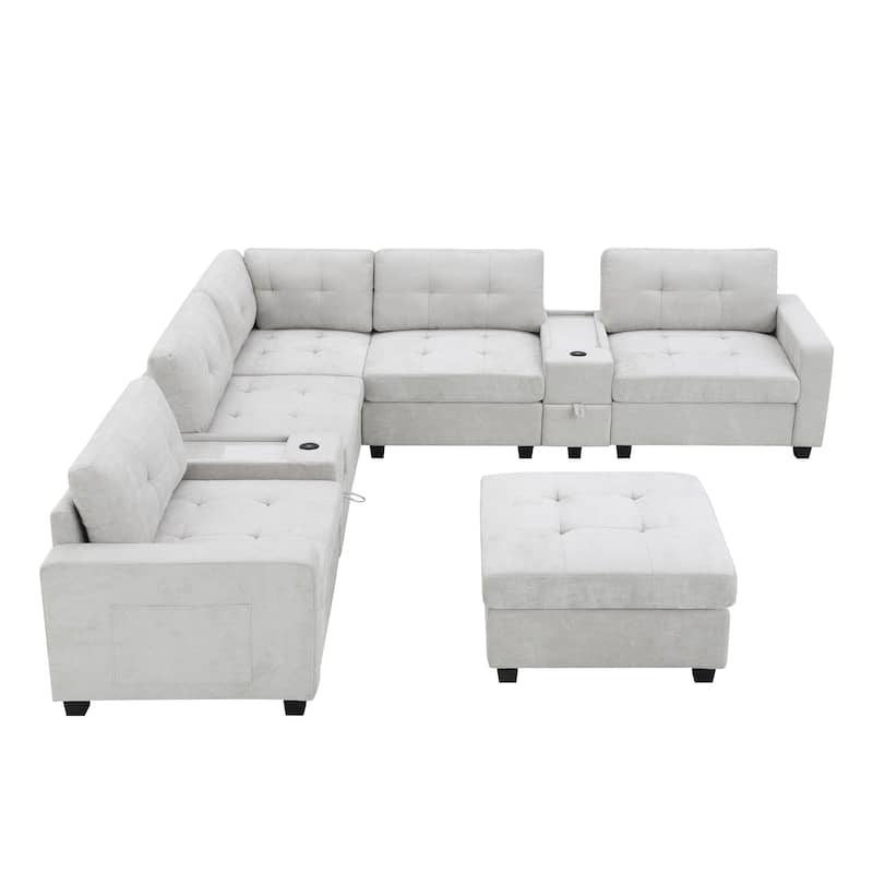 Chenille U Shaped Couch Set w/2 Consoles,USB, Storage Drawers, Pockets