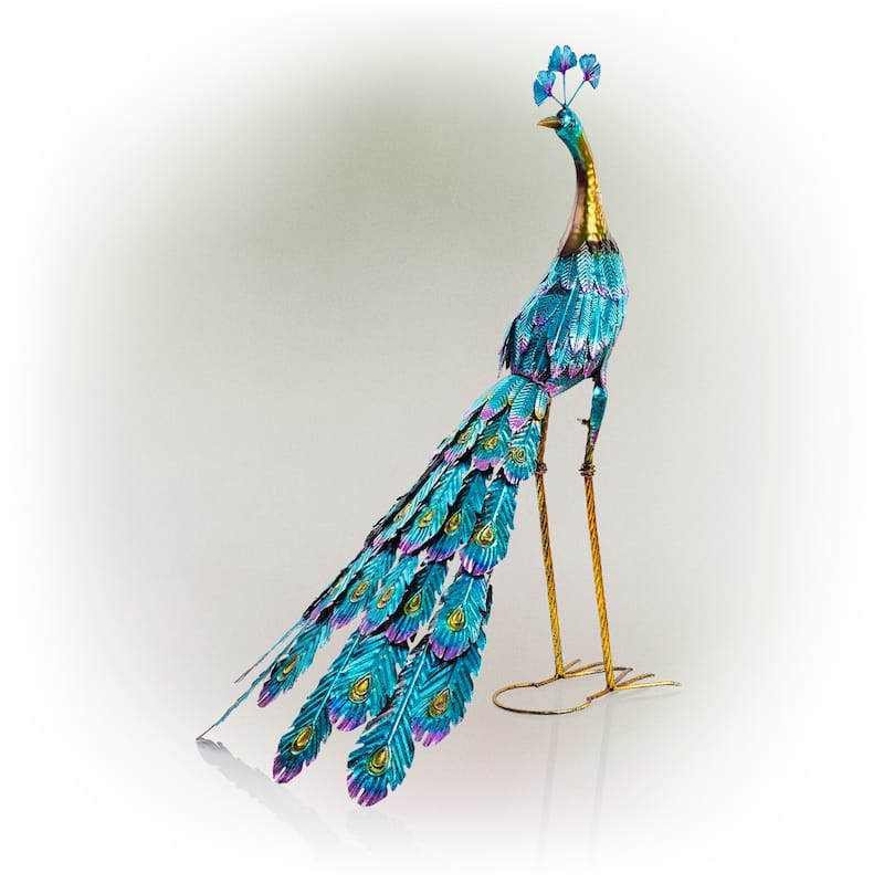 Alpine Corporation Tall Outdoor Metallic Peacock Standing Yard Statue Decoration, Multicolor
