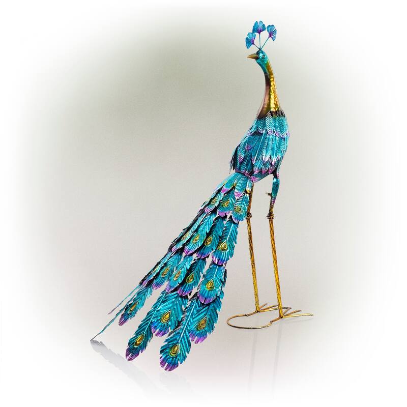 Alpine Corporation 23" Tall Outdoor Metallic Peacock Tail Spread Yard Statue Decoration, Multicolor