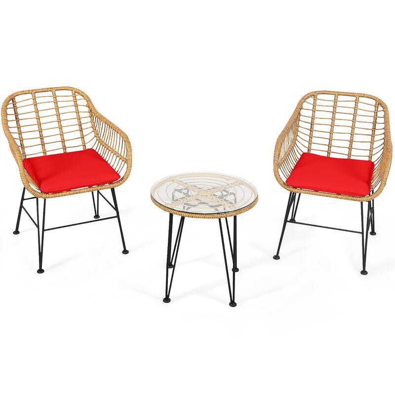 3 PCS Patio Bistro Set Rattan Conversation Set with Round Coffee Table - Red