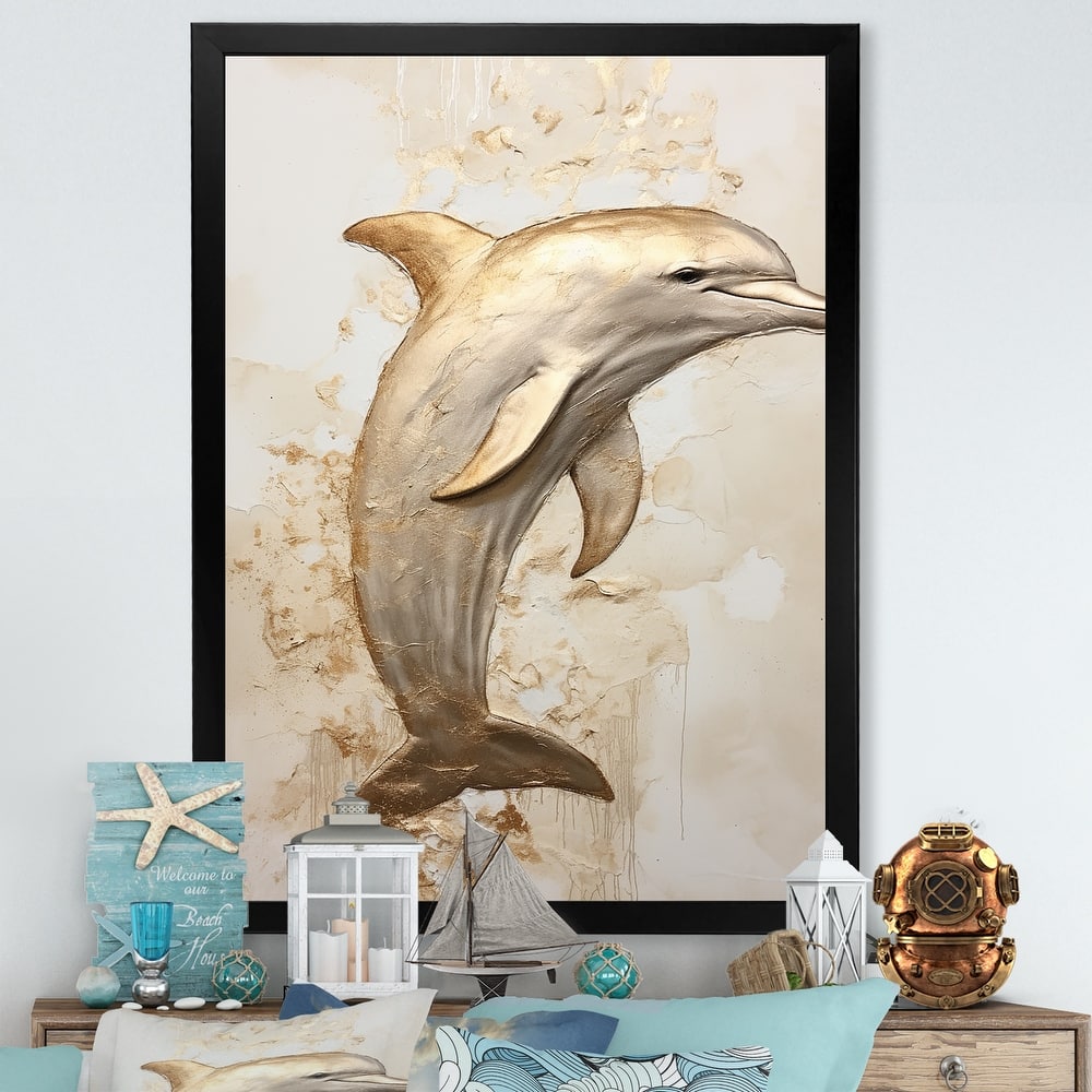 Designart "Beige And Gold Dolphin Happiness II" Animals Dolphin Framed Canvas Wall Art