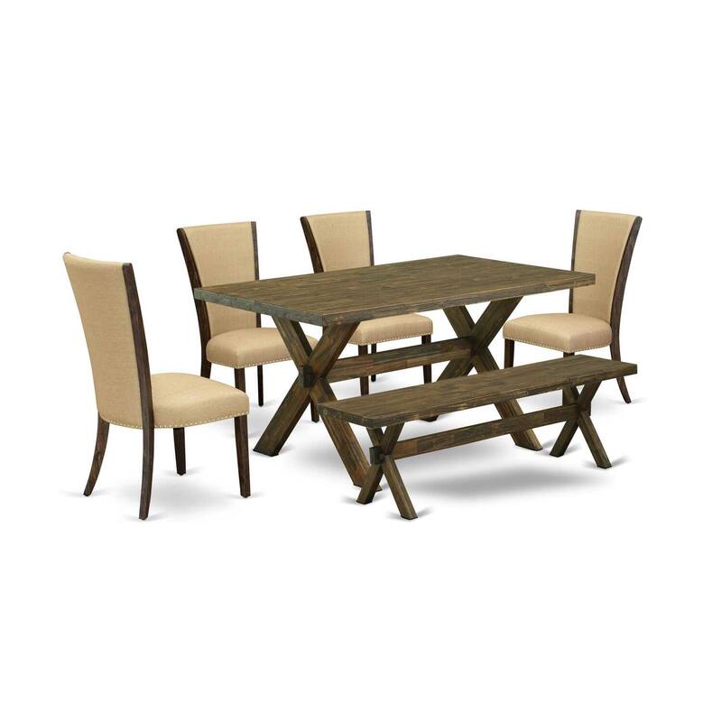 HomeStock 6-Piece Rectangle Distressed Jacobean Finish Solid Wood Top Dining Table with 1-Bench, 4-Chairs