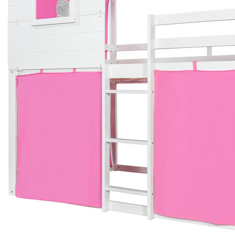 Full Size Bunk Bed with Playhouse Tent, Solid Pine Wood Frame and Window Design