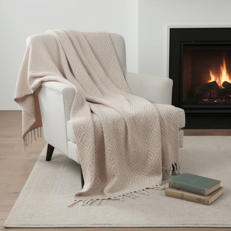 HomeRoots 50" X 60" Blush Cotton Woven Geometric Throw Blanket with Fringe - Throw - Blush