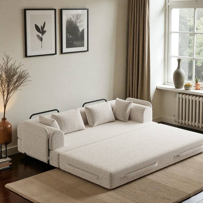 78.7" Convertible Sleeper Sofa Bed, Chenille Folding Mattress Couch with Side Pocket & Pillows, No-Assembly Floor Lounge Sofa