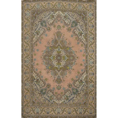 Hand Knotted Oriental 100% Wool Carpet Traditional Floral Pink Tabriz Area Rug - 11' 1'' X 7' 8''
