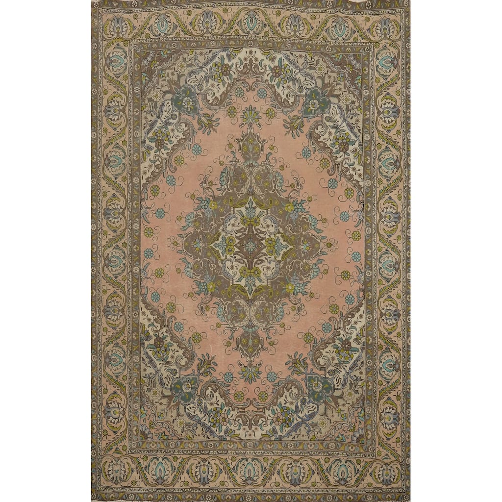 Hand Knotted Oriental 100% Wool Carpet Traditional Floral Pink Tabriz Area Rug - 11' 1'' X 7' 8''