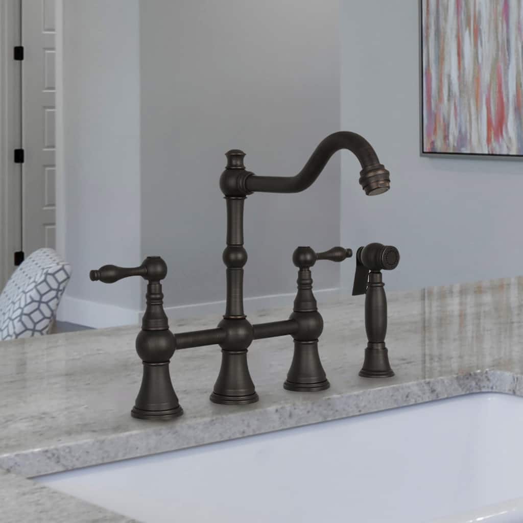 Two-Handles Bridge Kitchen Faucet with Side Sprayer 8-3/8 Inch High Arc