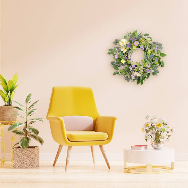 Daisy Floral Artificial Spring Wreath - 24" - Green and Purple