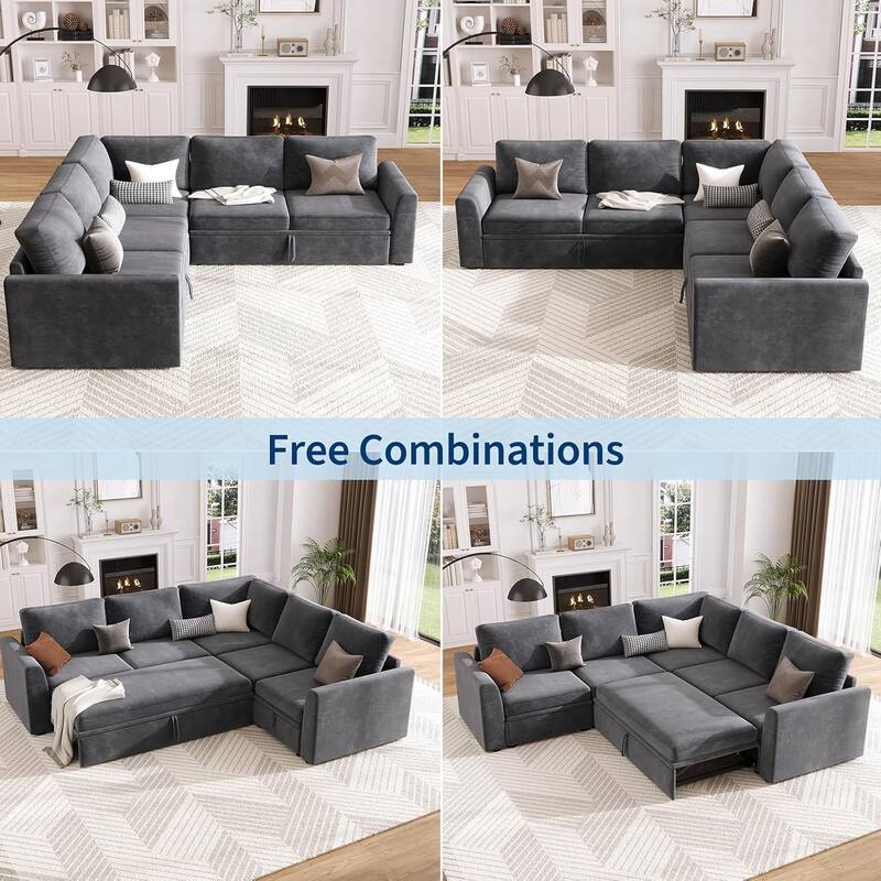 Sectional Sleeper Sofa with Pull Out Bed, Chenille Modular Sectional Sofa L Shaped Couch with Pull Out Couch