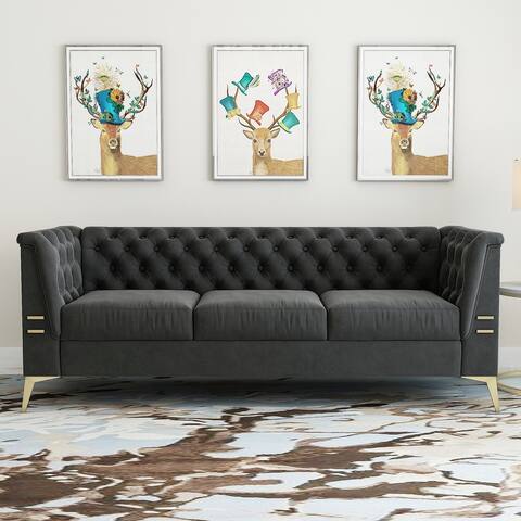 3-seater Sofa Contemporary Velvet Upholstered Home Furniture Sofa Tufted Seat with Embellished Buttons and Metal Foot Support