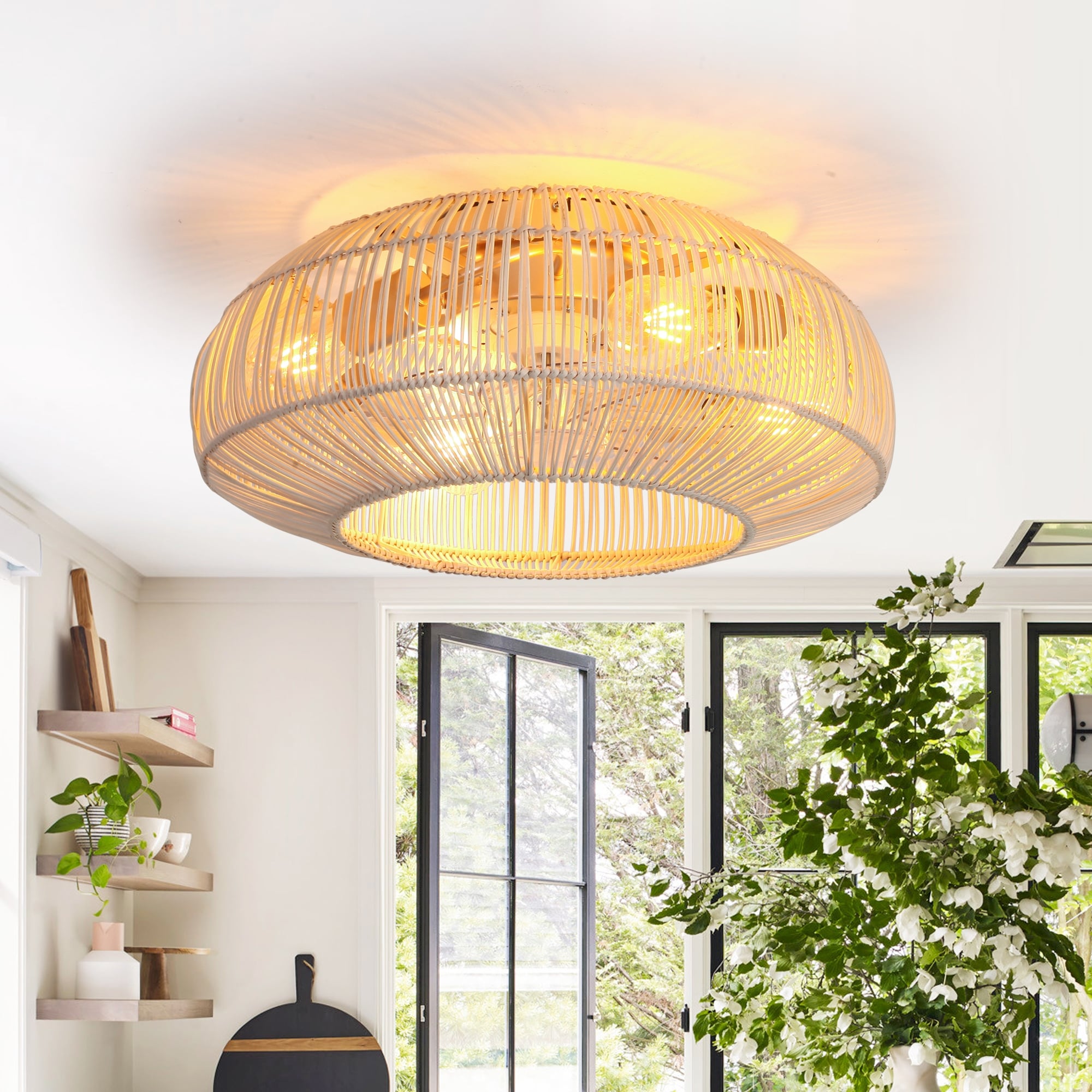 20" Coastal Weave Rattan Gold Low Profile Flush Mount Ceiling Fan with Remote
