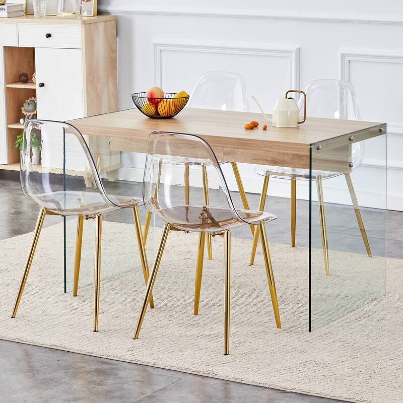 Roomfitters 5pcs Wood Texture MDF Coffee Table Set with Tempered Glass Legs and Transparent Chairs, Transparent