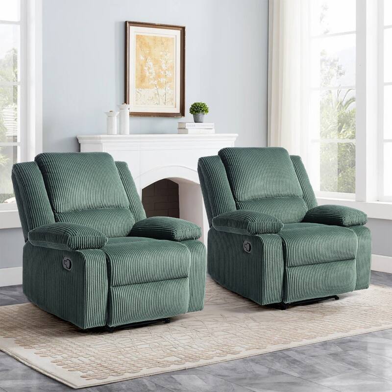 2 Piece Modern Corduroy Upholstery Push Back Manual Recliner Chair - Grey Green