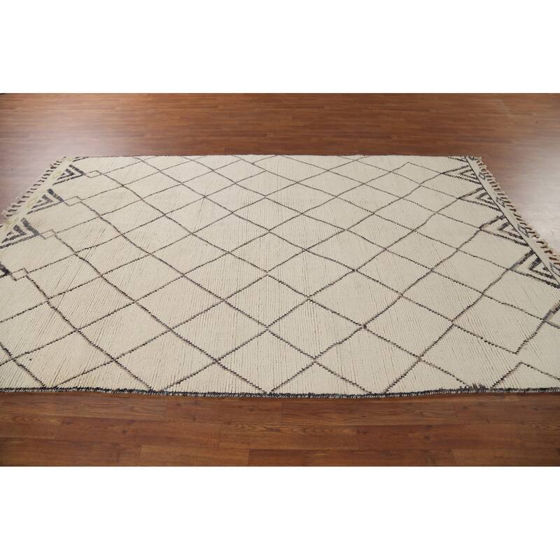 Beige Trellis Moroccan Oriental Area Rug Hand-Knotted Wool Carpet - 6'3"x 9'9"