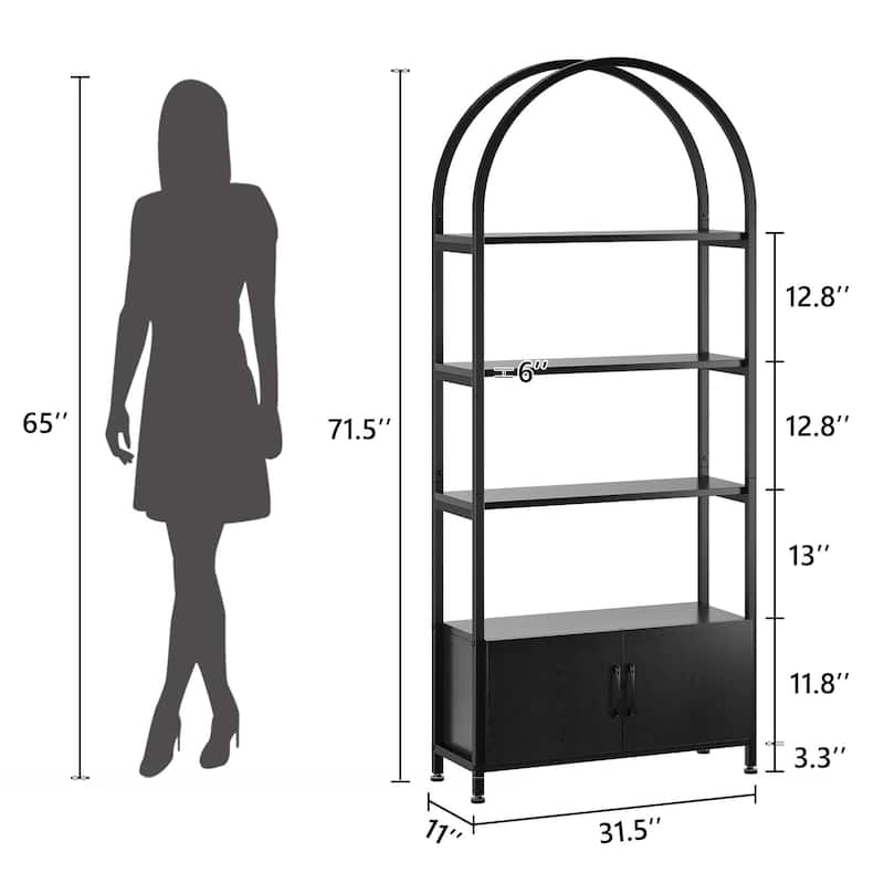 71.5 Inch Open Bookshelf with 2 Doors and 4 Shelves, Tall Standing Bookshelves Metal Frame Storage