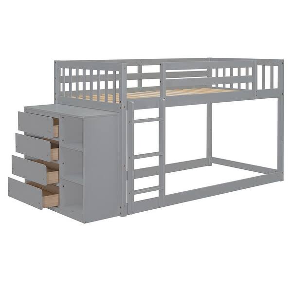 slide 2 of 15, Twin Over Twin Wood Floor Bunk Bed with 4 Drawers and 3 Shelves, Grey Grey - Twin