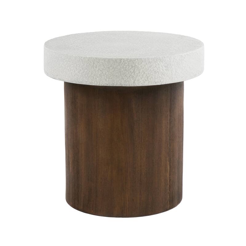 MGO Coffee Table Compact Side Table Plant Stand with Antique White Faux Stone Textured Top and Brown Faux Wood Textured Base