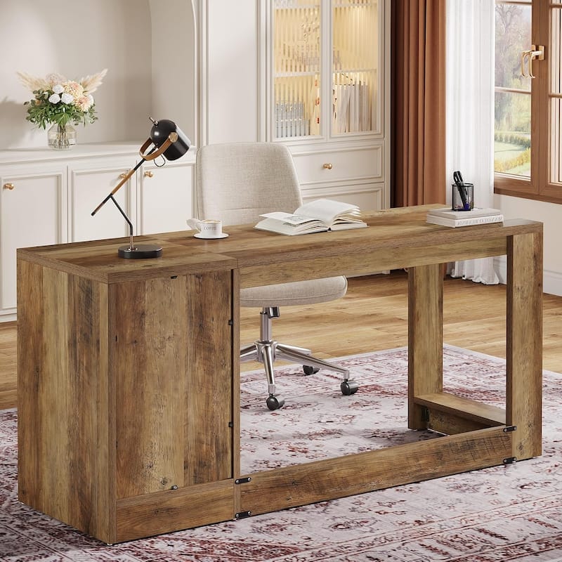 59-Inch Brown MDF Computer Desk with Drawer, Farmhouse Office Desk with Storage Cabinet for Home Office
