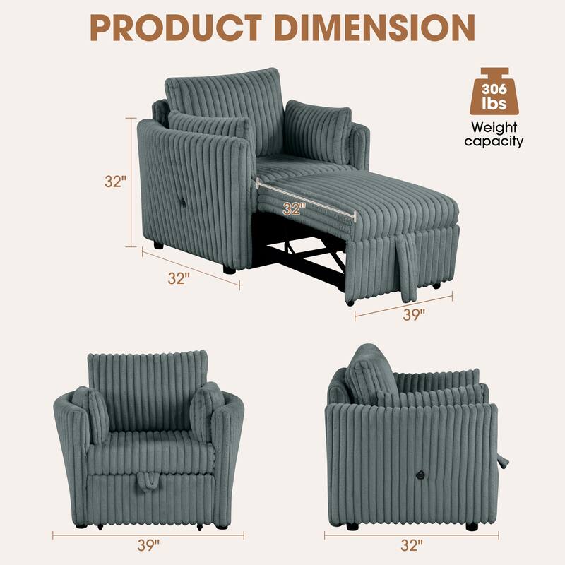 Modern Fabric Sleeper Single Sofa with USB and 2 pillows