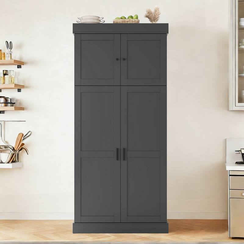 Freestanding 77"Tall Kitchen Pantry with Adjustable Shelves,Door Shelves, Drawers and Wine Racks - Grey