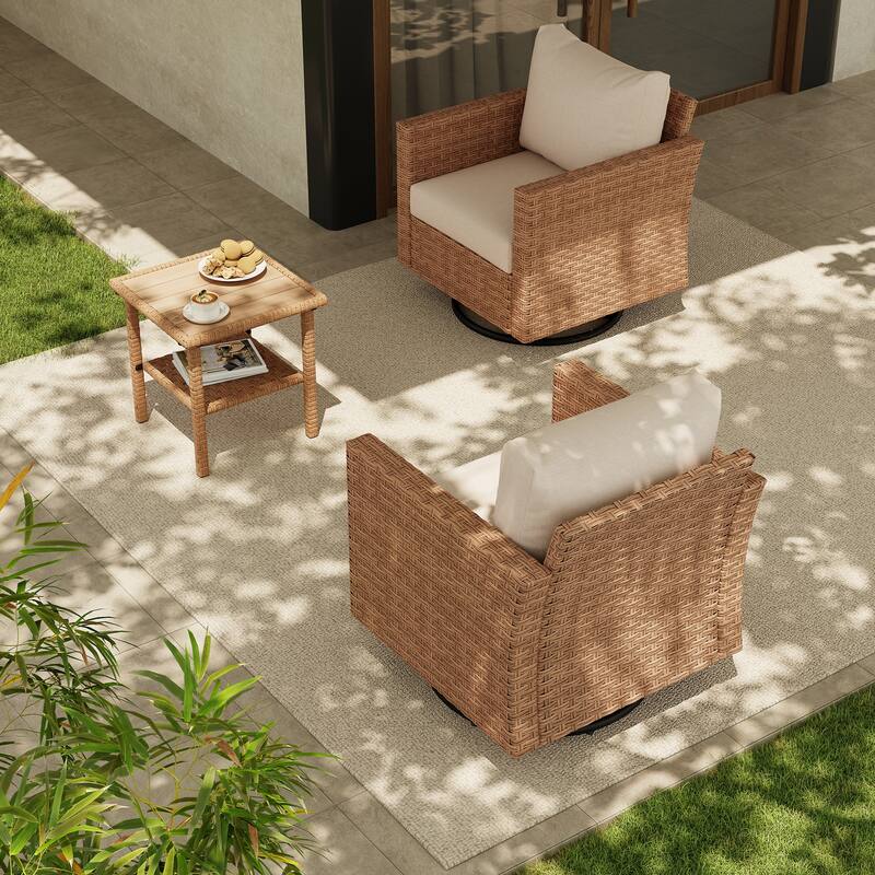 3-piece Cushioned Outdoor Wicker Swivel Chairs Set with Side Table Patio Armchair Sofa Set