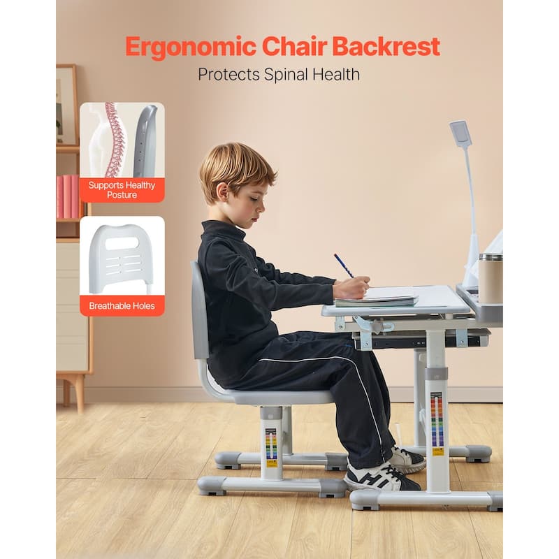 Grey Height Adjustable Kids Chair and Desk Set with Lamp and Tilted Desktop - 27.56 x 20.08 x (20.87 - 27.95) in