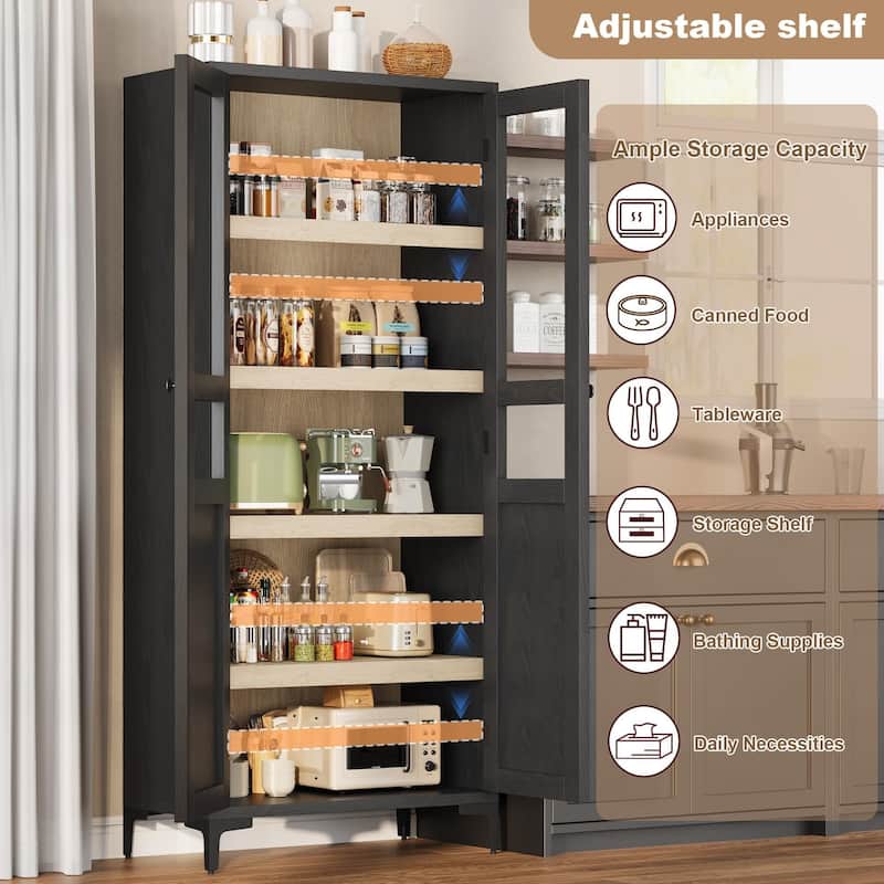 Tall Storage Cabinet,2 Glass Doors, Kitchen Pantry 5 Tier Bathroom Cabinet