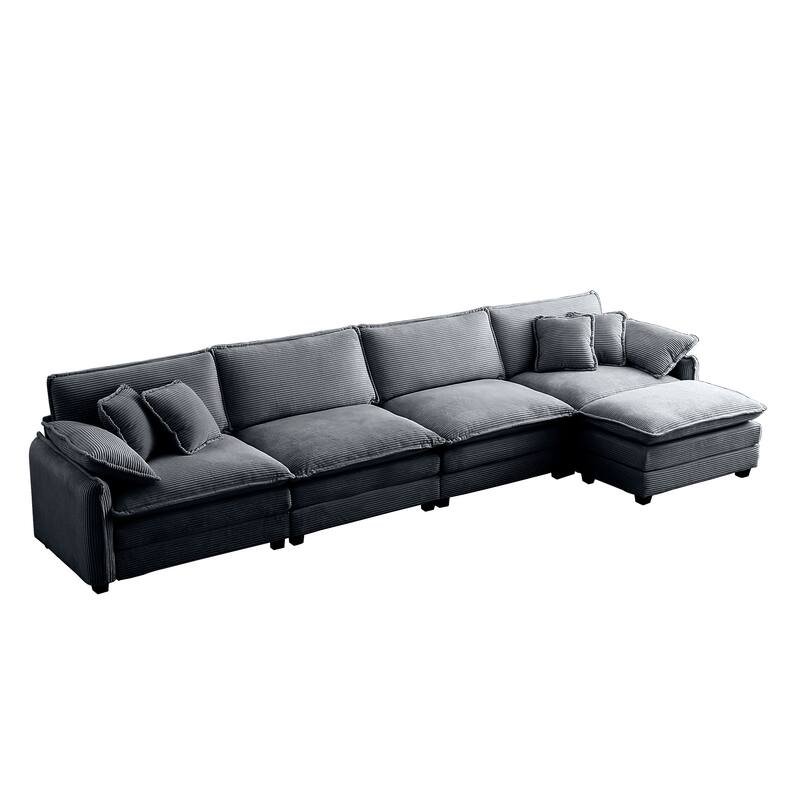Grey 5-Piece Oversized Corduroy L-Shaped Modular Sectional Sofa with Ottoman
