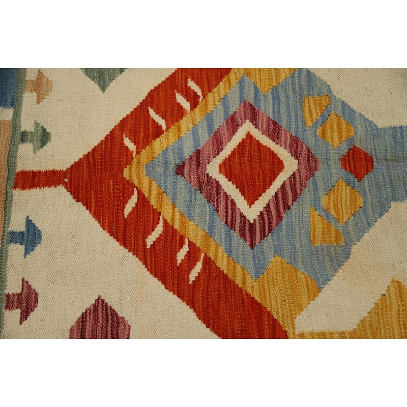 Hand Woven Oriental 100% Wool Carpet Southwestern Tribal Beige & Ivories Kilim Area Rug - 9' 10'' X 6' 5''