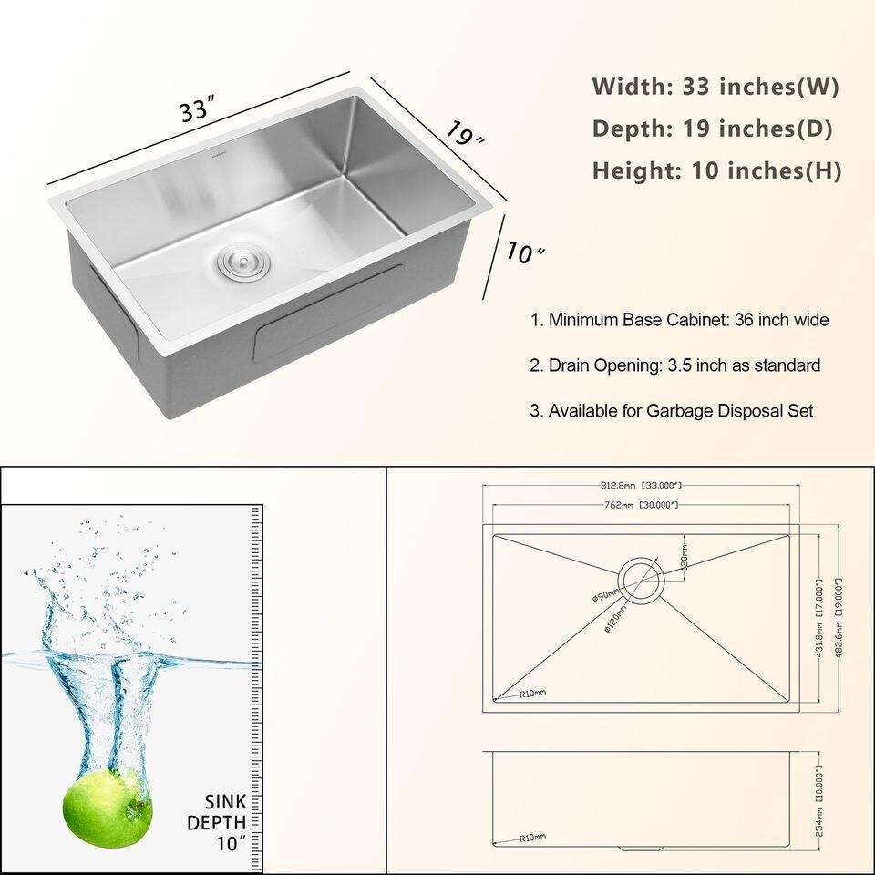Kichae 26/27/28/32/33 inch Undermount Kitchen Sink Stainless Steel Single  Bowl Kitchen Sink