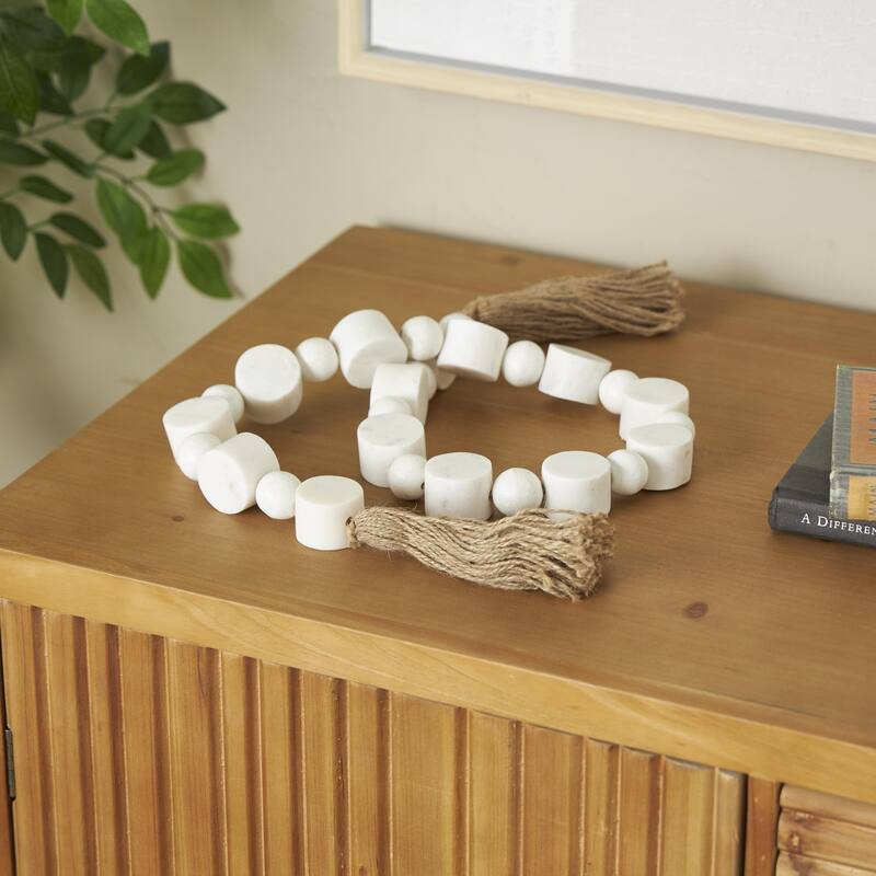 White Marble Handmade Round Extra Long Orb Beaded Garland with Tassel with Knotted Brown Jute - 1"W x 44"L x 1"H - White