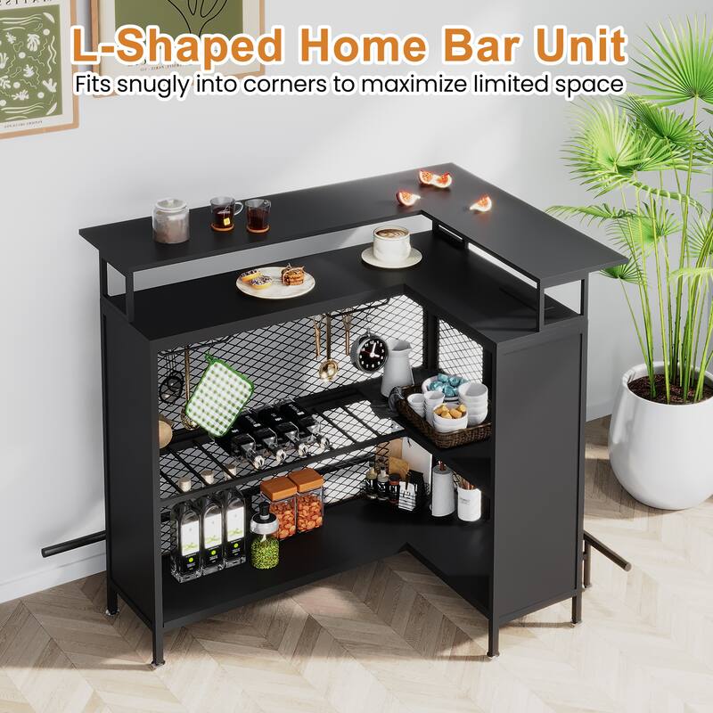 EROMMY L Shaped Bar Cabinet, 4-Tier Bar Table with Wine Rack and LED Lights, Corner Bar Stand with Storage, Liquor Cabinet