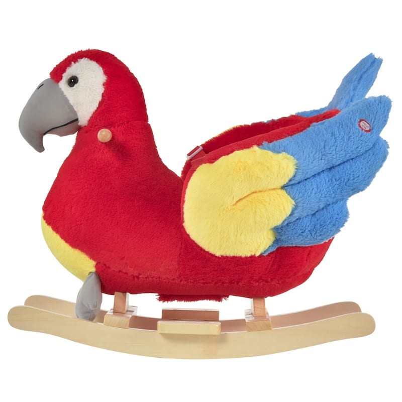 Red Plush Kids Rocking Parrot Horse with Comfortable Seat and Wooden Base Music Feature - 23.5" L x 13.75" W x 19.75" H