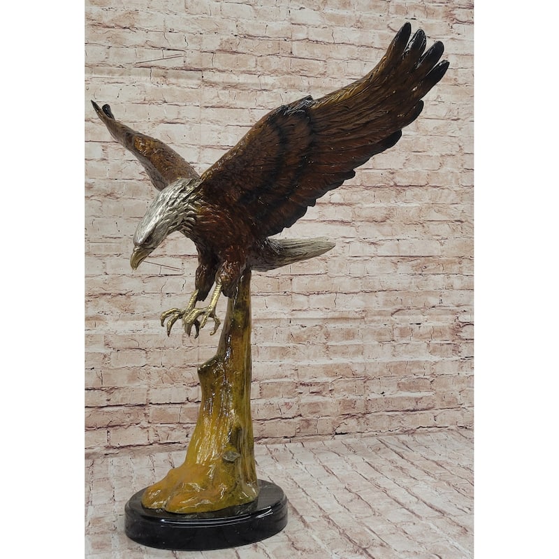 Multi Color Patina American Bald Eagle Bronze Sculpture Marble Base 32 Inches X 26 Inches