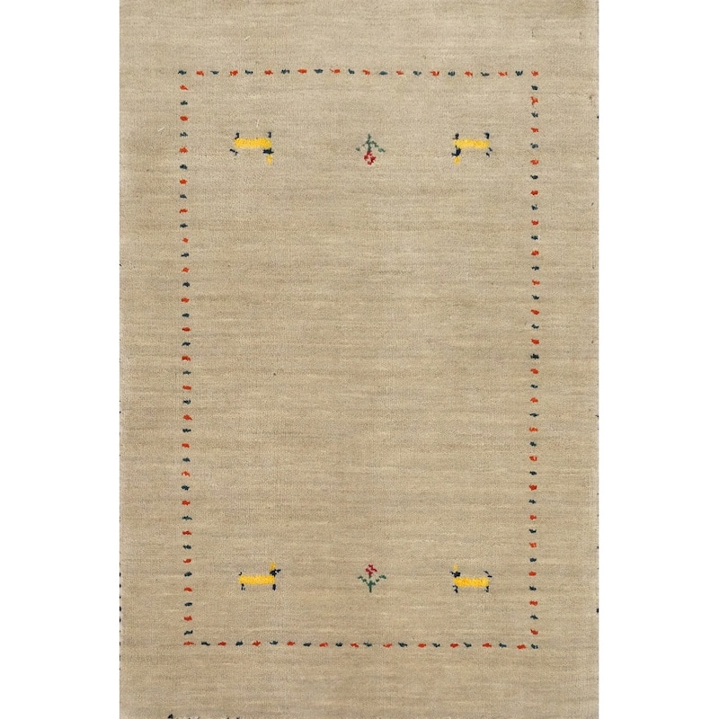 Hand Knotted Oriental 100% Wool Carpet Tribal Animal Pictorial Beige & Ivories Gabbeh Area Rug - 3' 0'' X 2' 0''