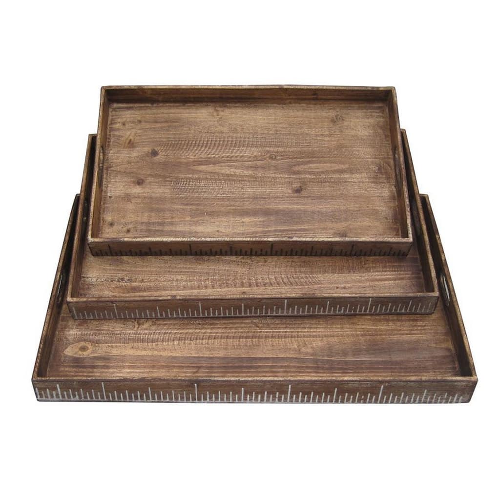 Rough Sawn Textured Rectangular Wooden Ruler Tray, Set of 3, Brown