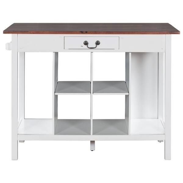 White Acacia Wood Kitchen Island with Storage Shelves and Dining Table ...