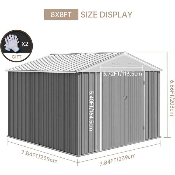 dimension image slide 1 of 2, 8x8 FT Outdoor Metal Storage Shed, Steel Utility Shed Storage, Metal Shed Outdoor Storage with Lockable Door Design